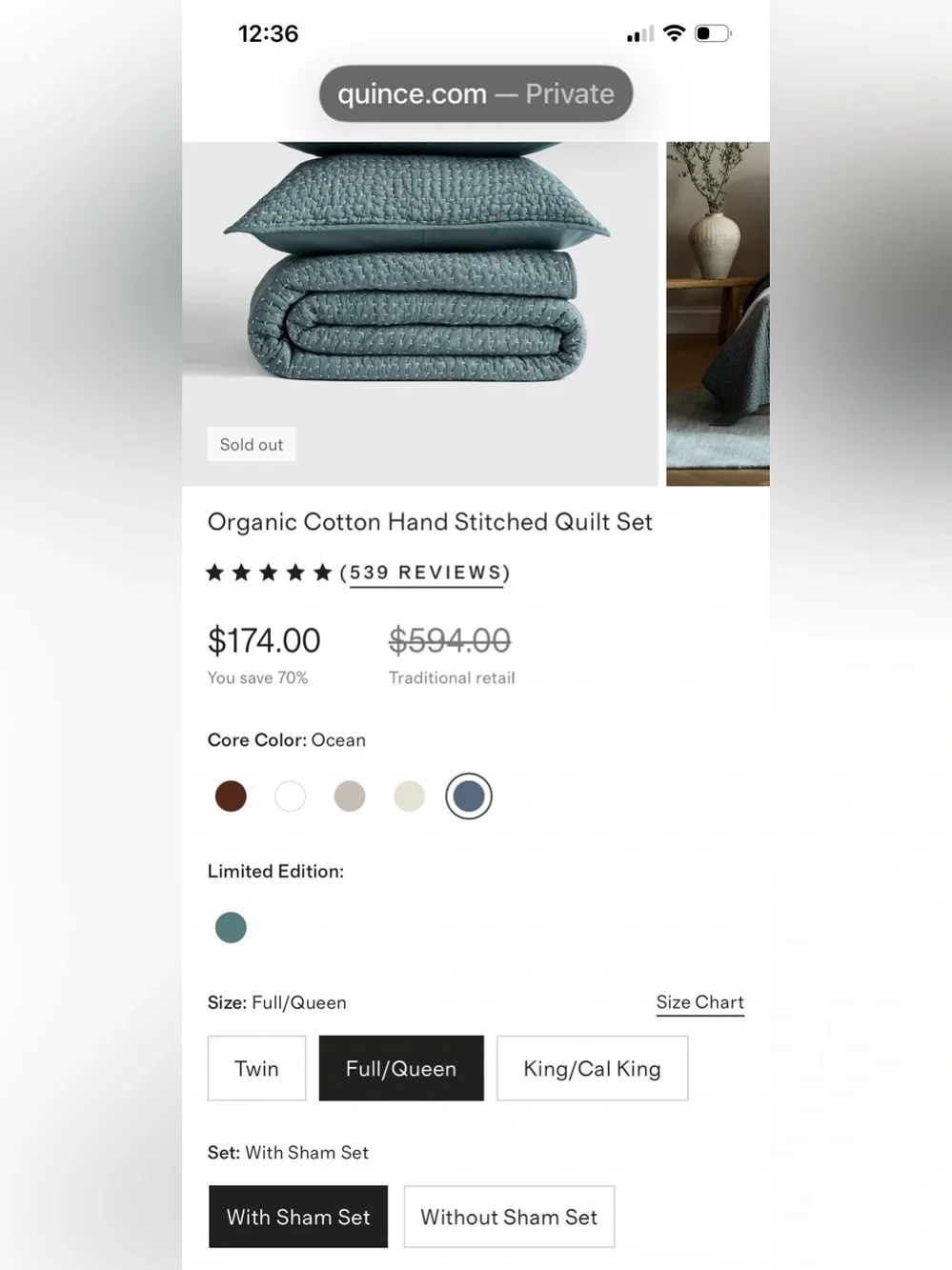 NWT Quince Organic Cotton Hand Stitched Quilt Set, Full/Queen (Ocean)